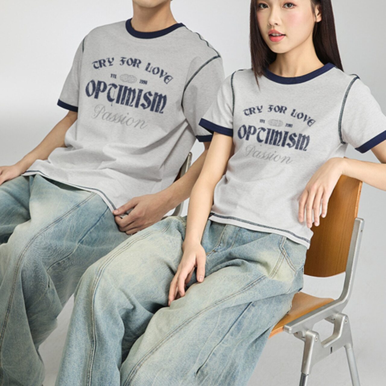 TRYFORLOVE 長短ペアデザイン カップルTシャツ