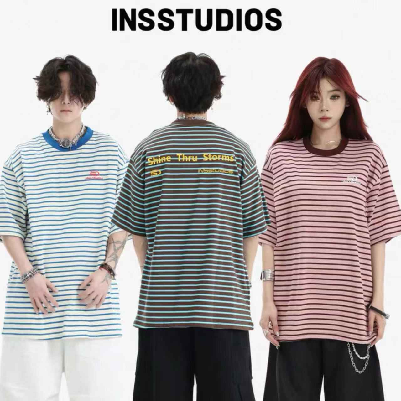 ペアルック 【INSstudios】 ロゴ入り ボーダー 半袖Tシャツ