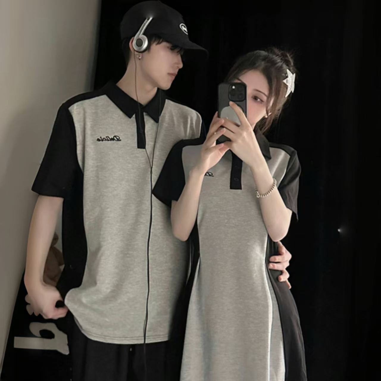 ペアルック　半袖ポロ襟Tシャツ ウエスト美ラインワンピース