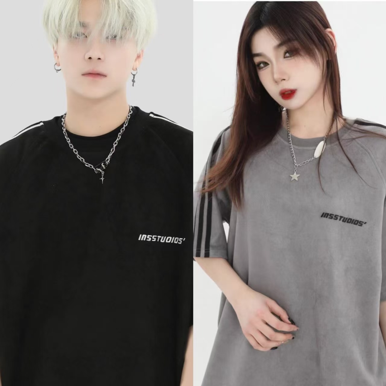 ペアルック 【INSstudios】 スエード調 ショルダーライン 半袖Tシャツ