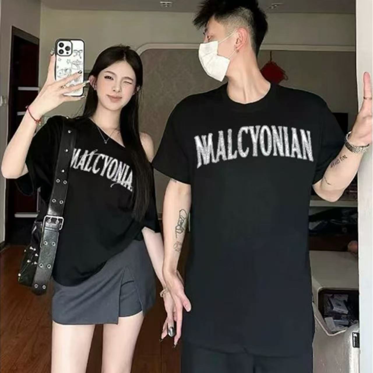 カップルペアルック ワンショル×アルファベットプリントTシャツセット